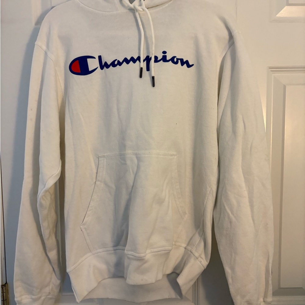 Champion White Crewneck Sweater with Ribbed Cuffs